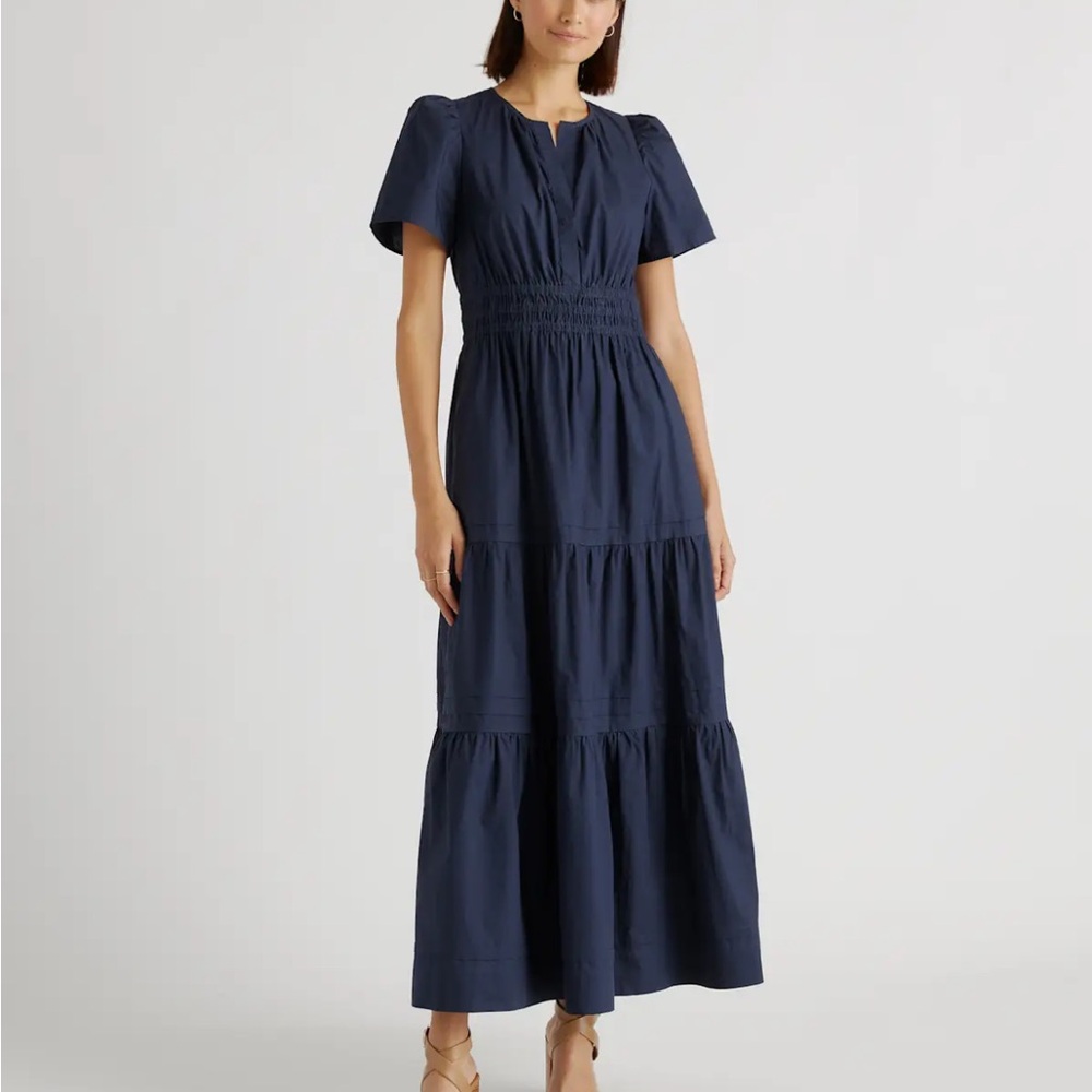 Quince Navy organic cotton poplin tiered maxi dress